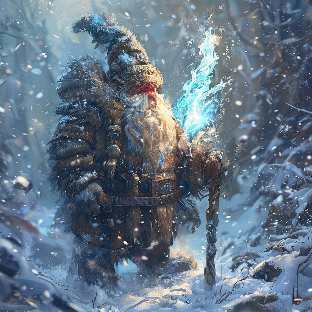 A winter dwarf, clad in thick furs and a warm hat, stands in a snowy forest clearing. He holds a staff topped with a glowing ice flame that flickers with blue and white light. Snowflakes gently fall around him, creating a magical, wintry atmosphere. The scene is rendered in a photorealistic, fantasy art style with crisp details, cool color palette dominated by whites, blues, and dark browns, and a soft, diffused light from a pale winter sun.