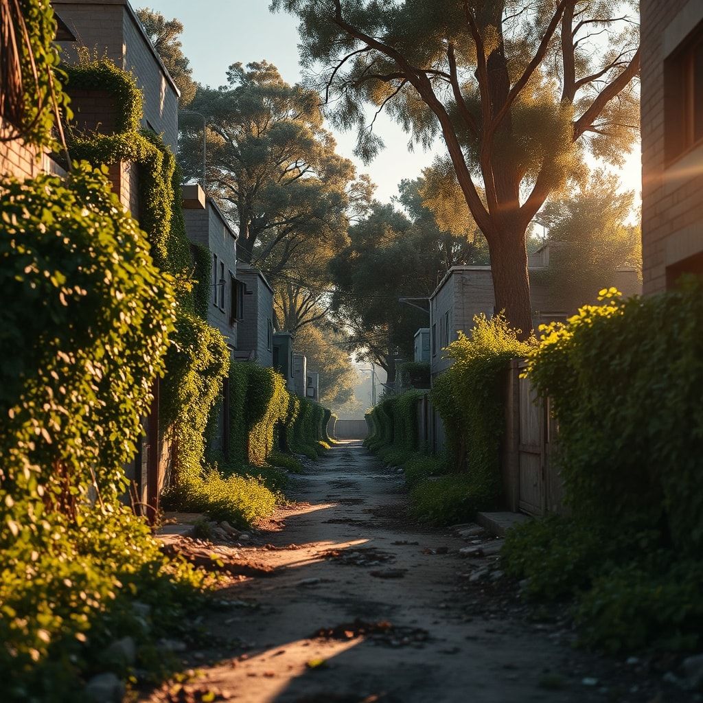 A desolate urban landscape swallowed by lush vines and towering trees, bathed in golden hour sunlight casting long shadows, captured with a shallow depth of field, hyper-detailed textures, and a ci...