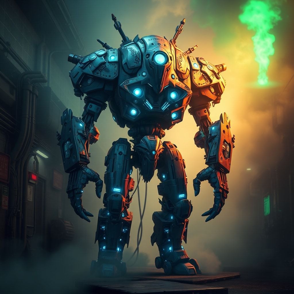 A towering, biomechanical robot with jagged metallic plating and glowing blue veins stands in a dimly lit, fog-choked industrial corridor, its hollow eyes scanning the shadows as eerie green emerge...