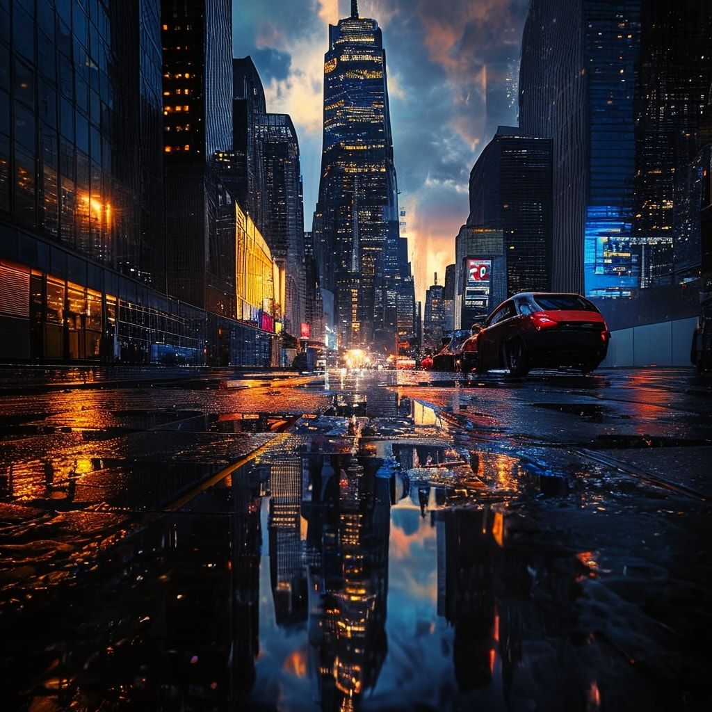A towering skyscraper looms over a rain-slicked city at golden hour, its neon-lit windows casting jagged reflections on wet pavement, bathed in high-contrast noir lighting with deep shadows and a s...