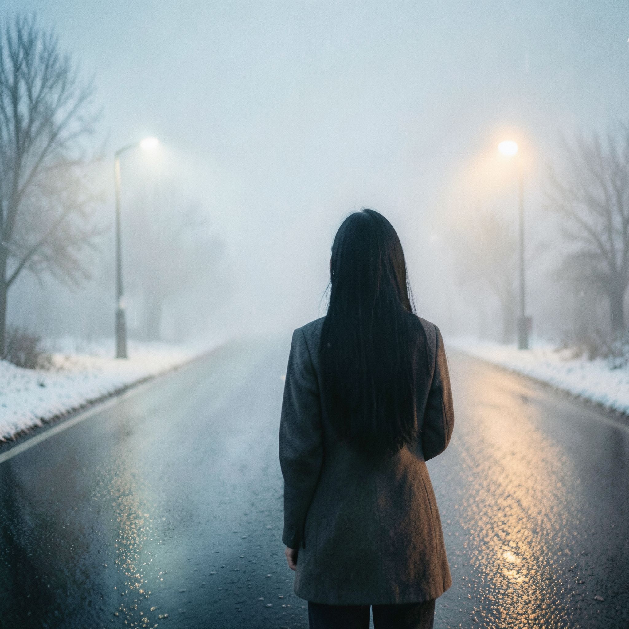 A girl with long black hair stands facing away, looking into the distance on a foggy road. The winter atmosphere feels cold and damp, like after a light rain. Thick February fog drifts across the empty road, reflecting soft, muted streetlight glow. The ground is slightly wet, adding subtle reflections. Pale blue and gray tones dominate the scene. The mood is quiet, melancholic, and cinematic, as if frozen in time. Cinematic composition, wide-angle shot, soft diffused lighting, shallow depth of field, realistic textures, gentle film grain, emotional winter atmosphere, like a scene from a slow, intimate film.