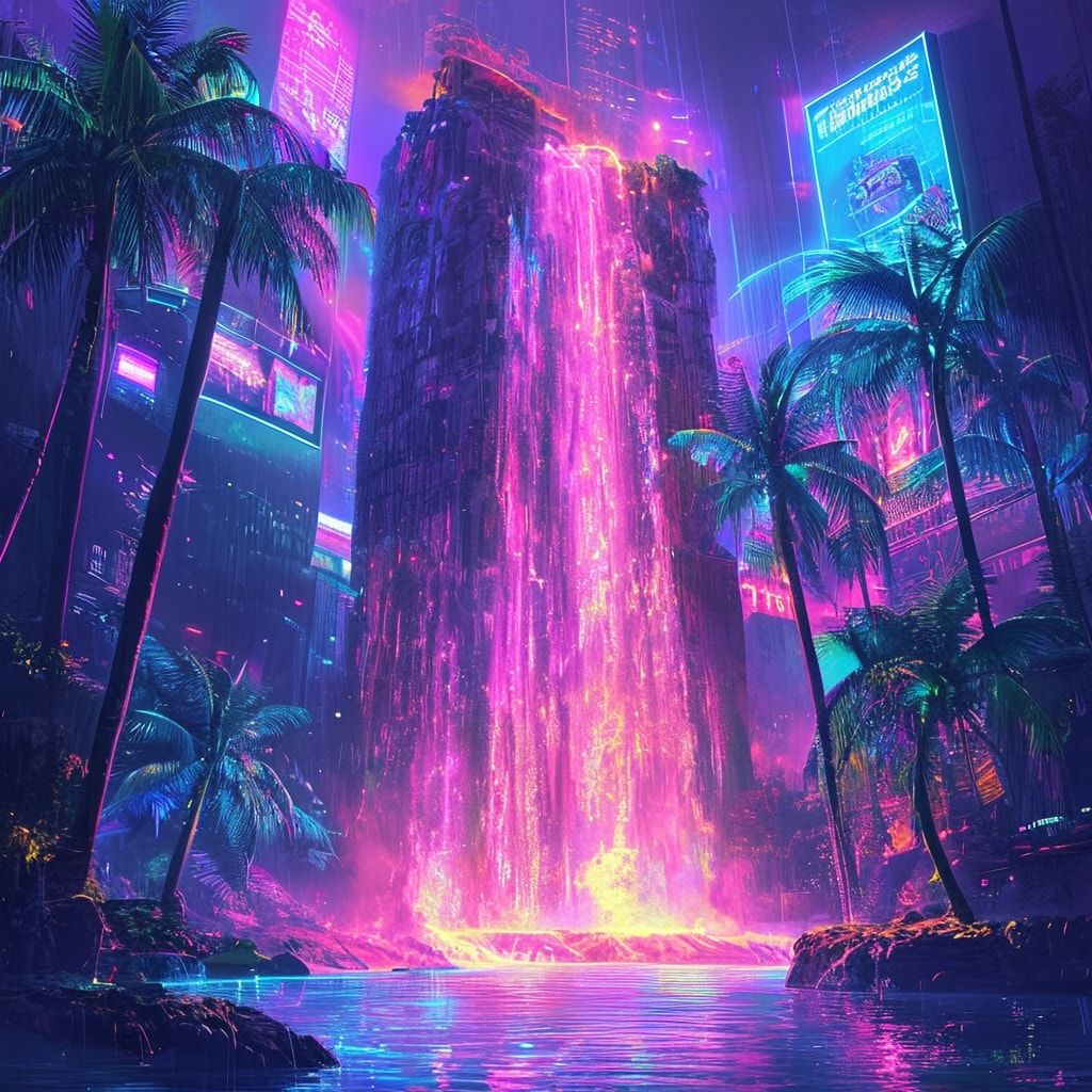 A towering neon-lit waterfall cascades into a bioluminescent lagoon, its mist glowing under the flicker of holographic billboards. Cybernetic palm trees sway in the artificial breeze, their fronds ...