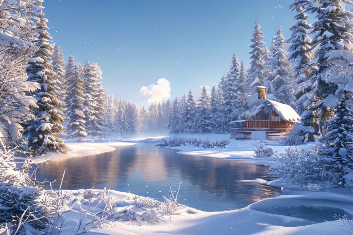 A breathtaking winter landscape featuring a frozen lake surrounded by snow-laden evergreen trees. In the distance, a cozy wooden cabin with a smoke rising from its chimney nestles among the trees. The sky is a clear, deep blue, and the low sun casts a soft, warm golden light across the scene, creating a magical and serene atmosphere. The snow on the ground and trees is detailed with a crisp, photorealistic texture, emphasizing the cold, fresh air. The composition is balanced, with the lake leading the eye towards the cabin, evoking a sense of peaceful solitude and winter wonder.