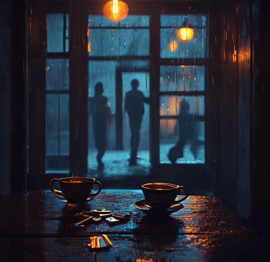 Cinematic music single cover art. A moody hallway at midnight with soft dim lighting. Foreground: close-up on a wooden table with house keys and two cups of unfinished cold tea. Background: a window covered in raindrops, looking out to a cold, dark night street. Two melancholic silhouettes of a man and a woman standing in the doorway. High emotional tension, atmosphere of a difficult choice. Warm amber indoor light contrasting with cold blue darkness outside. Hyper-realistic, highly detailed, 8k, melancholy aesthetic.