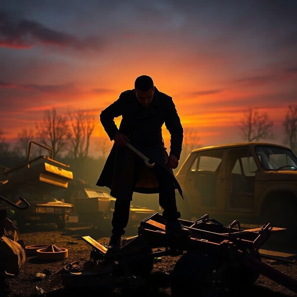 A lone scavenger in a tattered trench coat, silhouette stark against the neon glow of a junkyard at dusk, hunched over a rusted car frame, wrench in hand, shadows stretching long across twisted met...