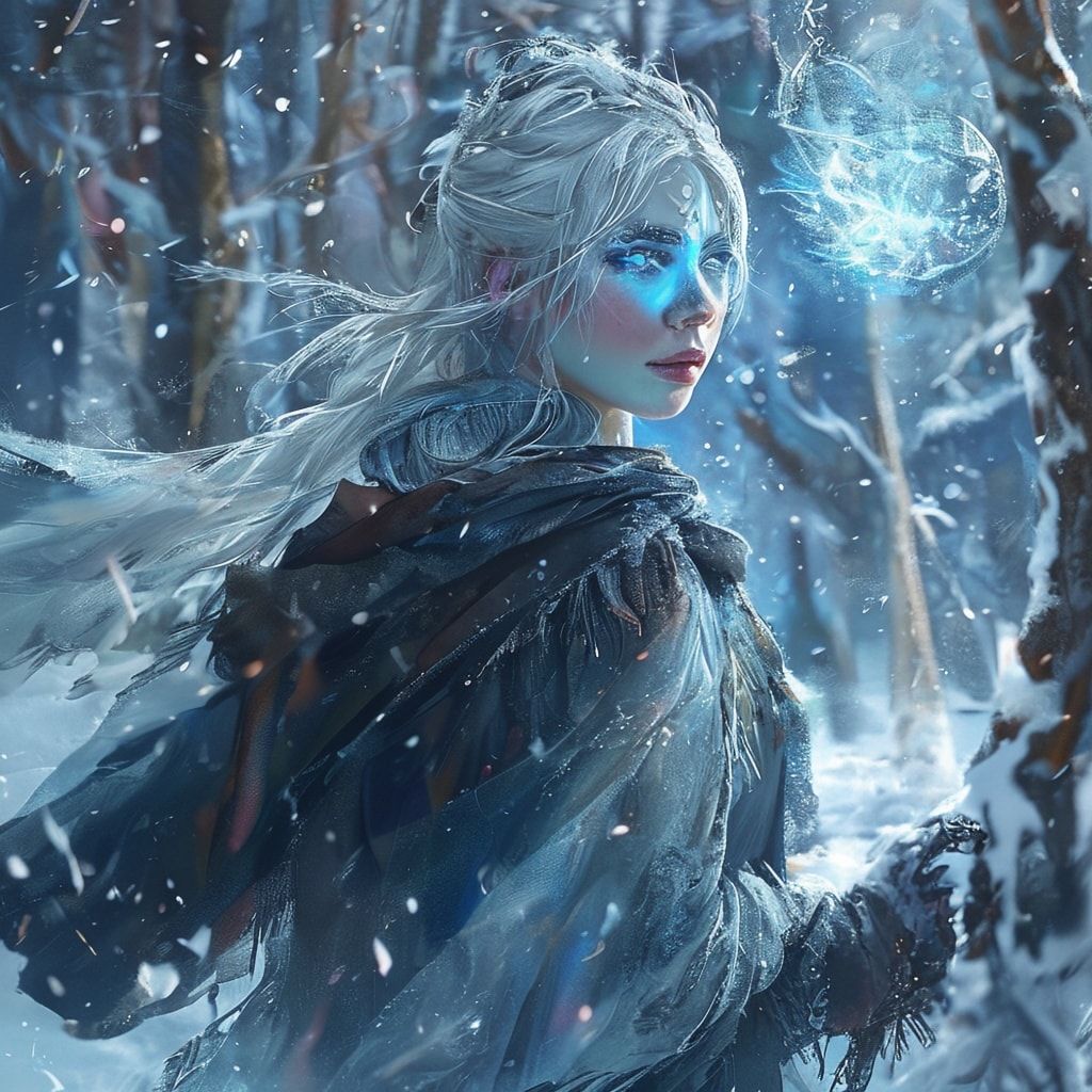 A mystical young woman with silver hair and glowing blue eyes stands amidst an ancient, snow-laden forest, her tattered cloak billowing in the icy wind as she gazes at a floating orb of ethereal li...