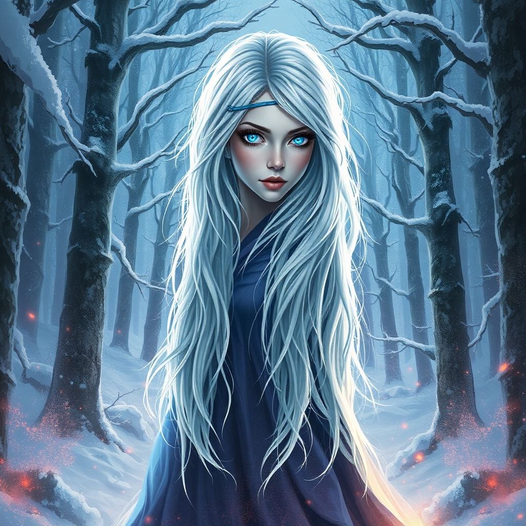 mystical young woman with silver hair and glowing blue eyes stands amidst an ancient, snow-laden forest