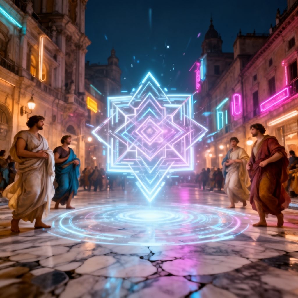 A holographic interface glows in the heart of a neon-lit Renaissance city, its intricate geometric patterns casting ethereal light on marble streets, while classical figures in flowing robes observ...