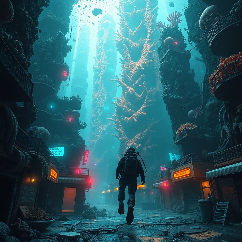 A lone deep-sea explorer in a high-tech diving suit navigates through the labyrinthine streets of an abandoned underwater metropolis, where towering coral skyscrapers pulse with an eerie biolumines...