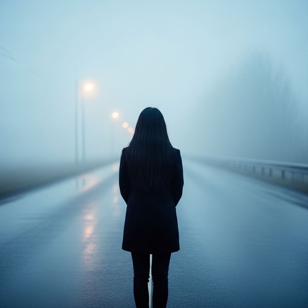 A girl with long black hair stands facing away, looking into the distance on a foggy road. The winter atmosphere feels cold and damp, like after a light rain. Thick February fog drifts across the empty road, reflecting soft, muted streetlight glow. The ground is slightly wet, adding subtle reflections. Pale blue and gray tones dominate the scene. The mood is quiet, melancholic, and cinematic, as if frozen in time. Cinematic composition, wide-angle shot, soft diffused lighting, shallow depth of field, realistic textures, gentle film grain, emotional winter atmosphere, like a scene from a slow, intimate film.