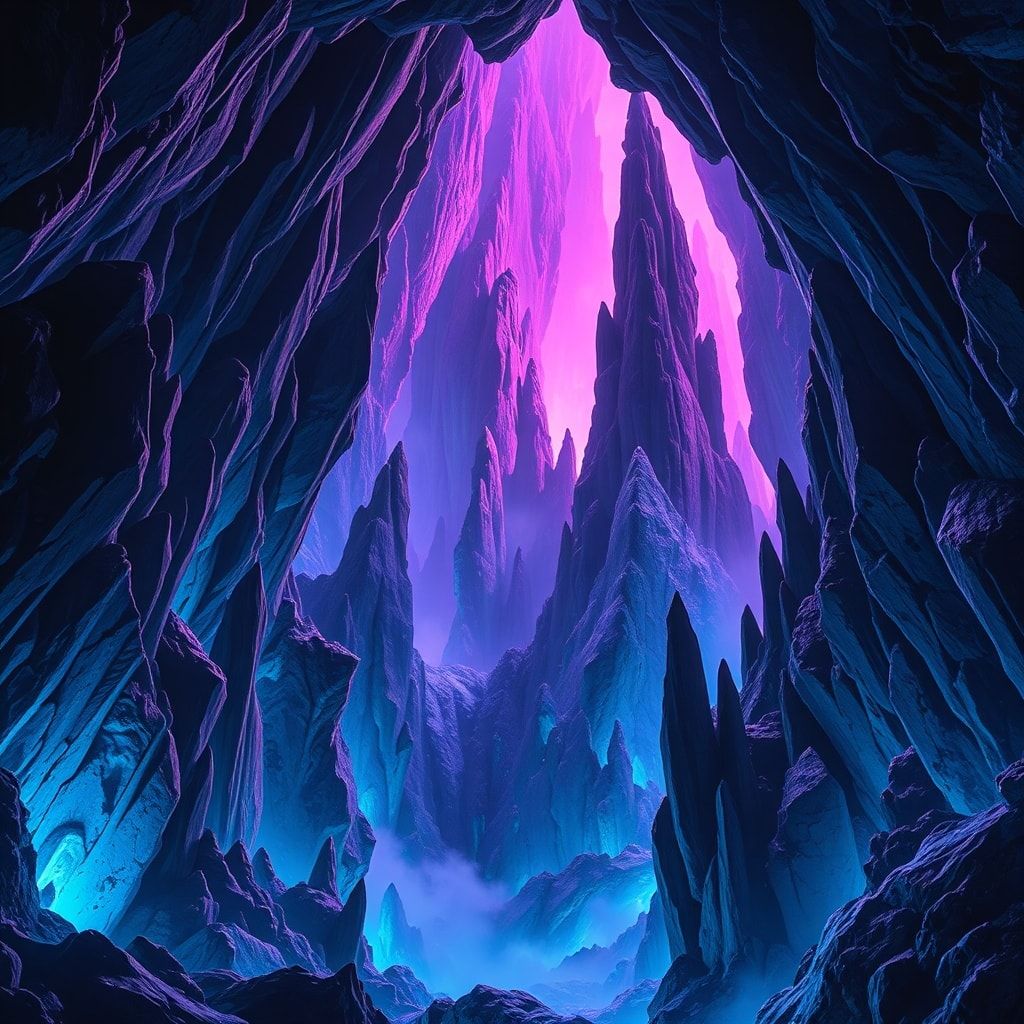 A surrealist crystal cave with towering, bioluminescent formations casting eerie blue and violet hues, impossible geometric angles defying gravity, dreamlike mist swirling between jagged spires, et...