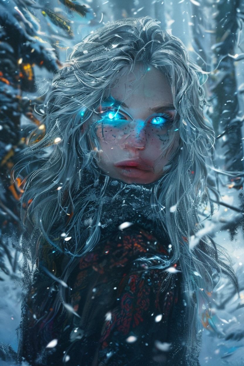 mystical young woman with silver hair and glowing blue eyes stands amidst an ancient, snow-laden forest