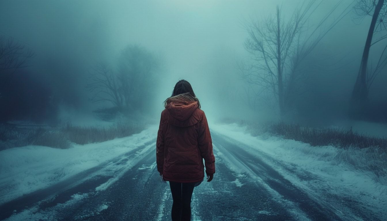 A girl with her back turned stands in a jacket on a winter road, an atmosphere of melancholy, loneliness and blue fog everywhere, as in dark ambient