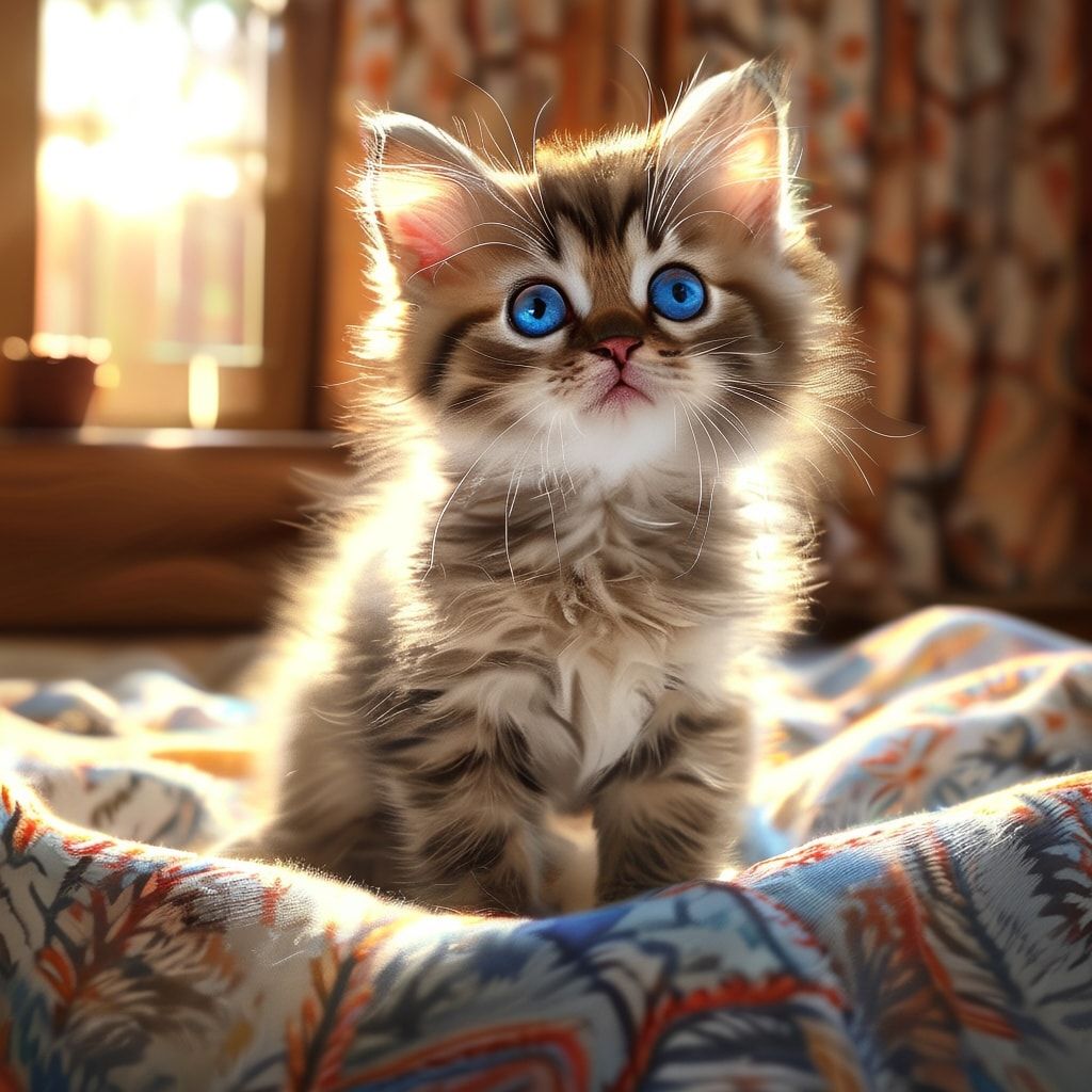 A cute, fluffy kitten with bright blue eyes, sitting on a soft, patterned blanket in a cozy living room with warm, natural sunlight streaming through a window. The kitten is looking directly at the viewer with a curious and playful expression. Photorealistic style, high detail, vibrant colors, 4K resolution, 1024x1024 pixels.