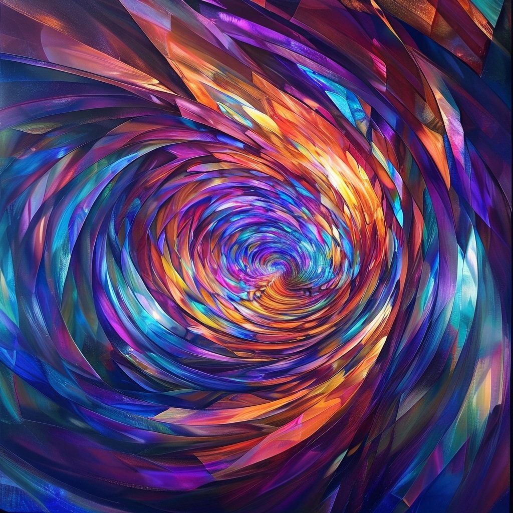 A surreal, kaleidoscopic tunnel spirals endlessly, its walls pulsing with vibrant geometric patterns that shift and refract light like stained glass. Soft, ethereal glow illuminates the path, casti...