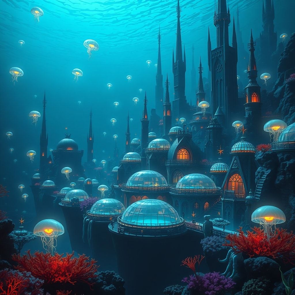 A sprawling underwater city of coral and glass domes, bathed in eerie bioluminescent light from glowing jellyfish and deep-sea creatures, with towering spires casting long shadows in the murky blue...