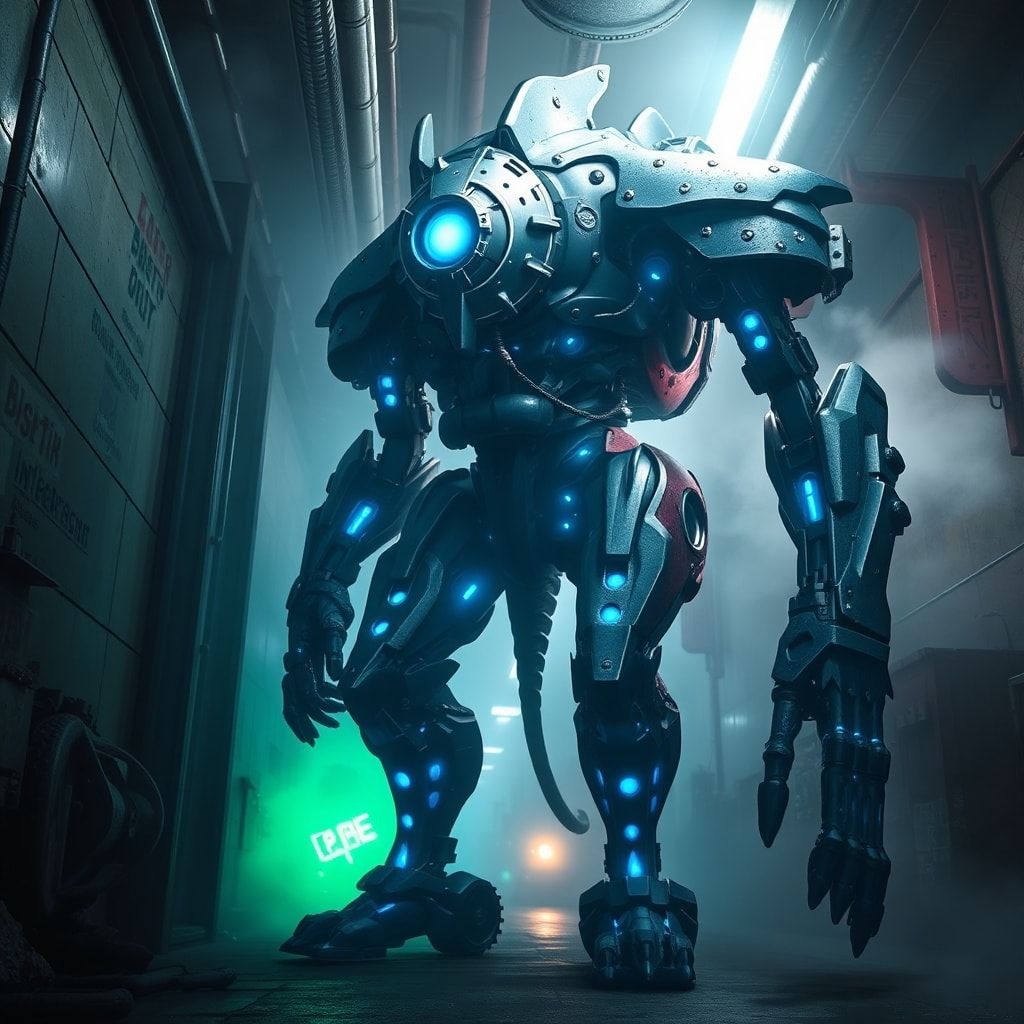 A towering, biomechanical robot with jagged metallic plating and glowing blue veins stands in a dimly lit, fog-choked industrial corridor, its hollow eyes scanning the shadows as eerie green emerge...