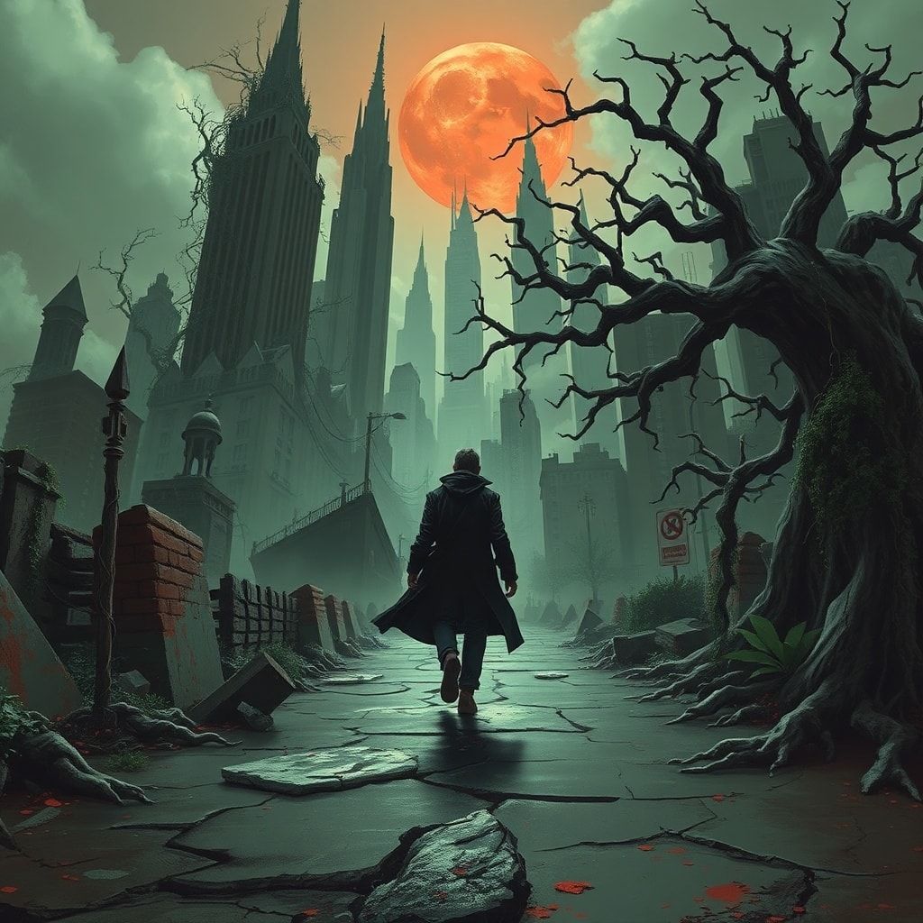 A lone figure in a tattered coat walks through the skeletal remains of a once-great city, now swallowed by towering vines and gnarled trees, their roots cracking asphalt under a blood-red moon. Neo...