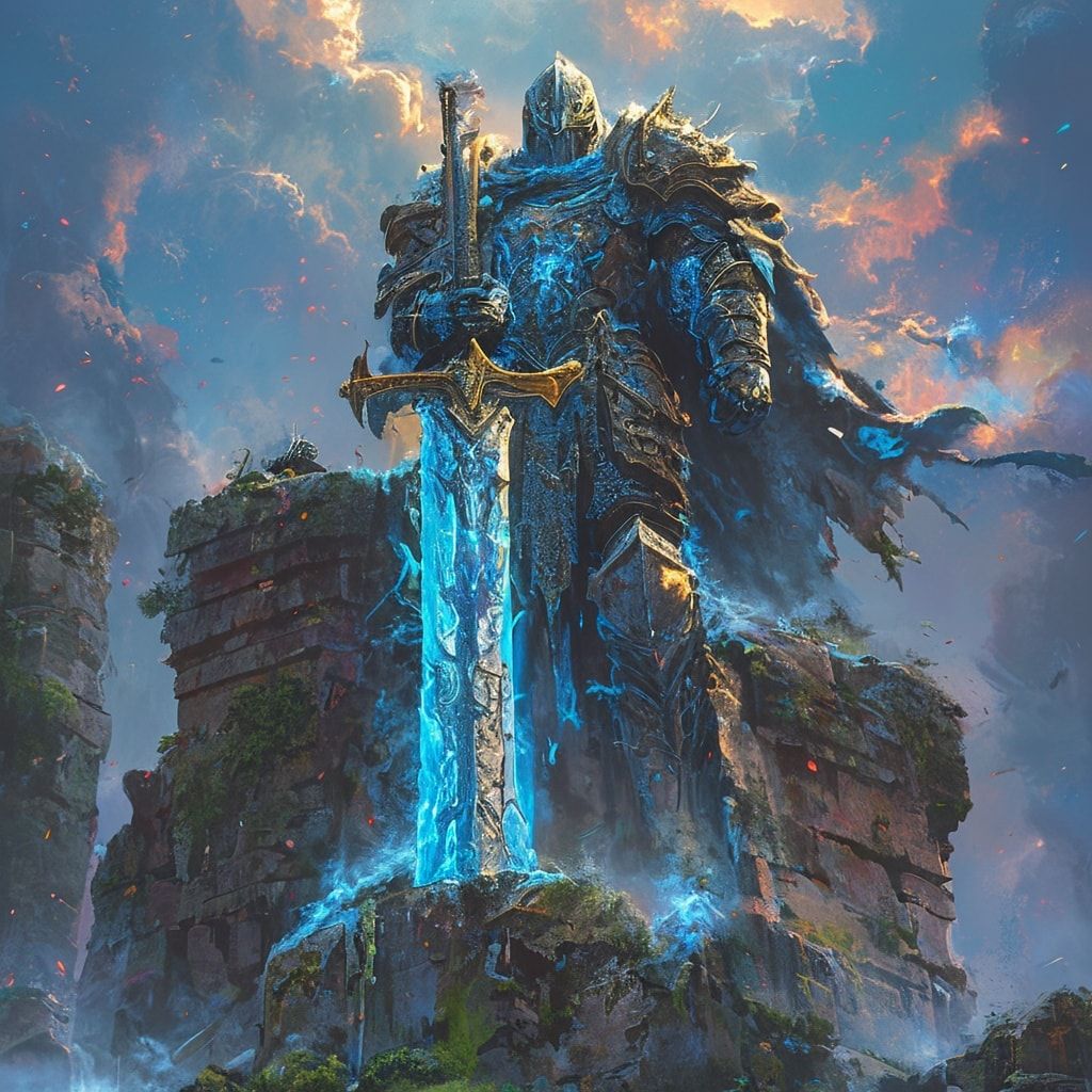 A towering fantasy warrior clad in ornate, weathered armor stands victorious atop a moss-covered stone ruin, his glowing rune-engraved greatsword embedded in the ground, emanating ethereal blue mis...