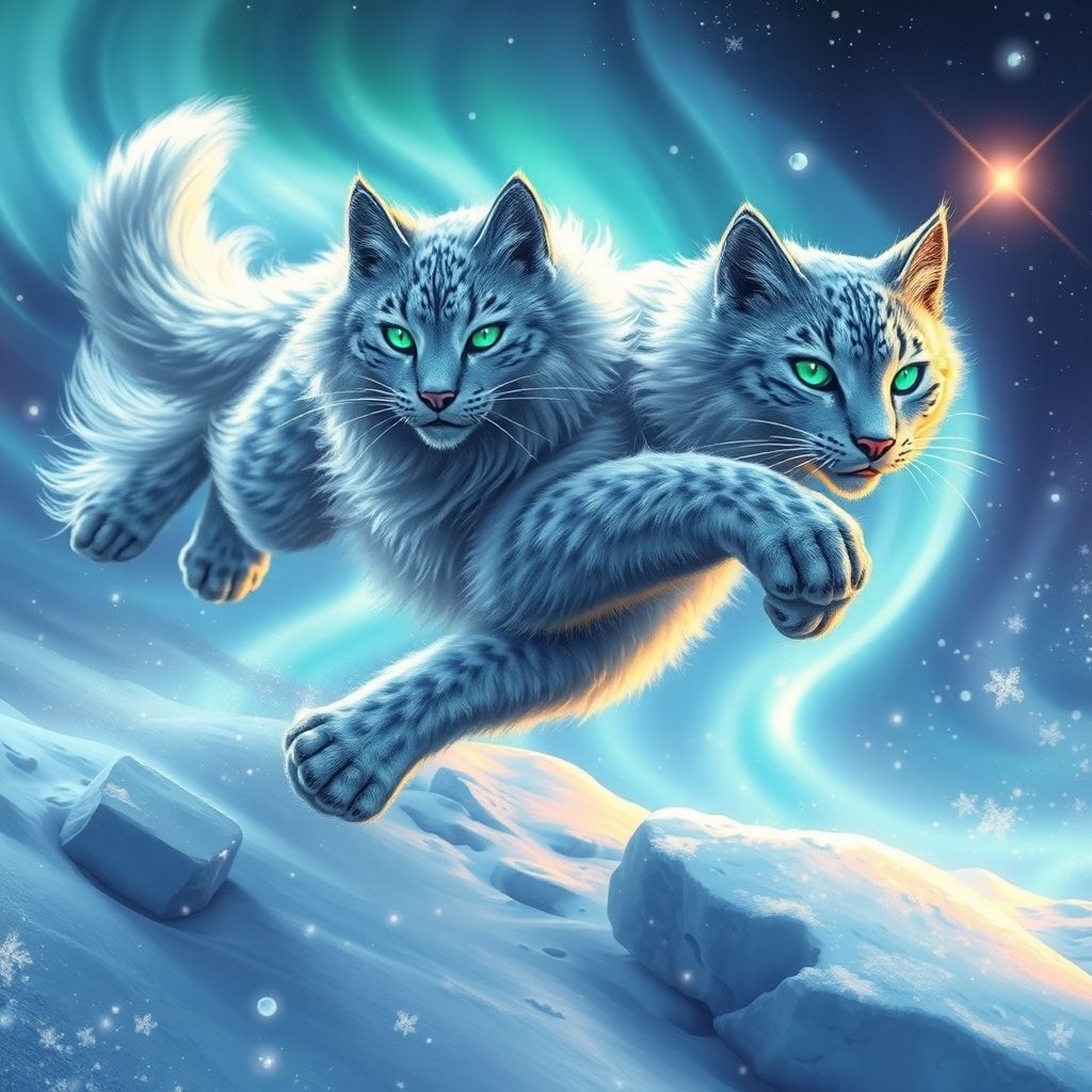 A majestic silver-furred feline with glowing emerald eyes leaps gracefully through a swirling aurora borealis, its tail trailing like a comet, surrounded by floating ice crystals and shimmering sno...