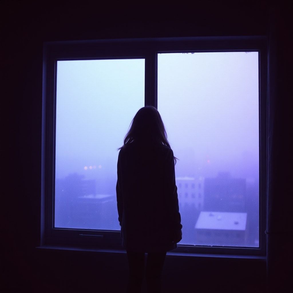 A girl stands inside a quiet room, facing away, looking out through a window. Outside, a foggy February winter unfolds — light snowfall drifts slowly through the air, and the sky glows with soft violet and muted purple tones. The city beyond the glass feels distant and blurred by mist. Cold winter light enters the room gently, casting subtle shadows. The atmosphere is calm, introspective, and emotional, capturing a moment of stillness and inner change. Cinematic composition, soft diffused lighting, shallow depth of field, cool color palette with violet accents, misty winter mood, realistic textures, gentle film grain, intimate and poetic atmosphere, like a scene from a quiet winter film.