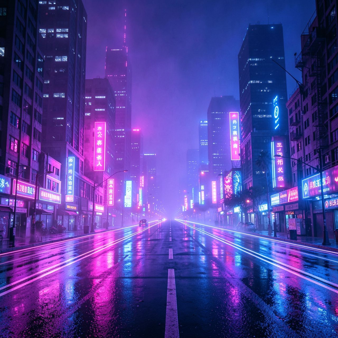 A cinematic synthwave cyberpunk city at night: endless neon-lit roads stretch through a futuristic metropolis. Skyscrapers glow with pink, purple, and electric blue lights, disappearing into thick violet-blue fog. Wet asphalt reflects pure neon light and abstract holographic glow, creating a dreamlike, retro-futuristic atmosphere. The city feels vast, lonely, and epic, like the fall of a digital world. Strong synthwave aesthetics, 80s cyberpunk mood, glowing lights, neon haze, wide-angle perspective, cinematic lighting, retro-futurism, ultra-detailed, high contrast, album cover, 4K, no text, no letters, no symbols, no logos, no signage.