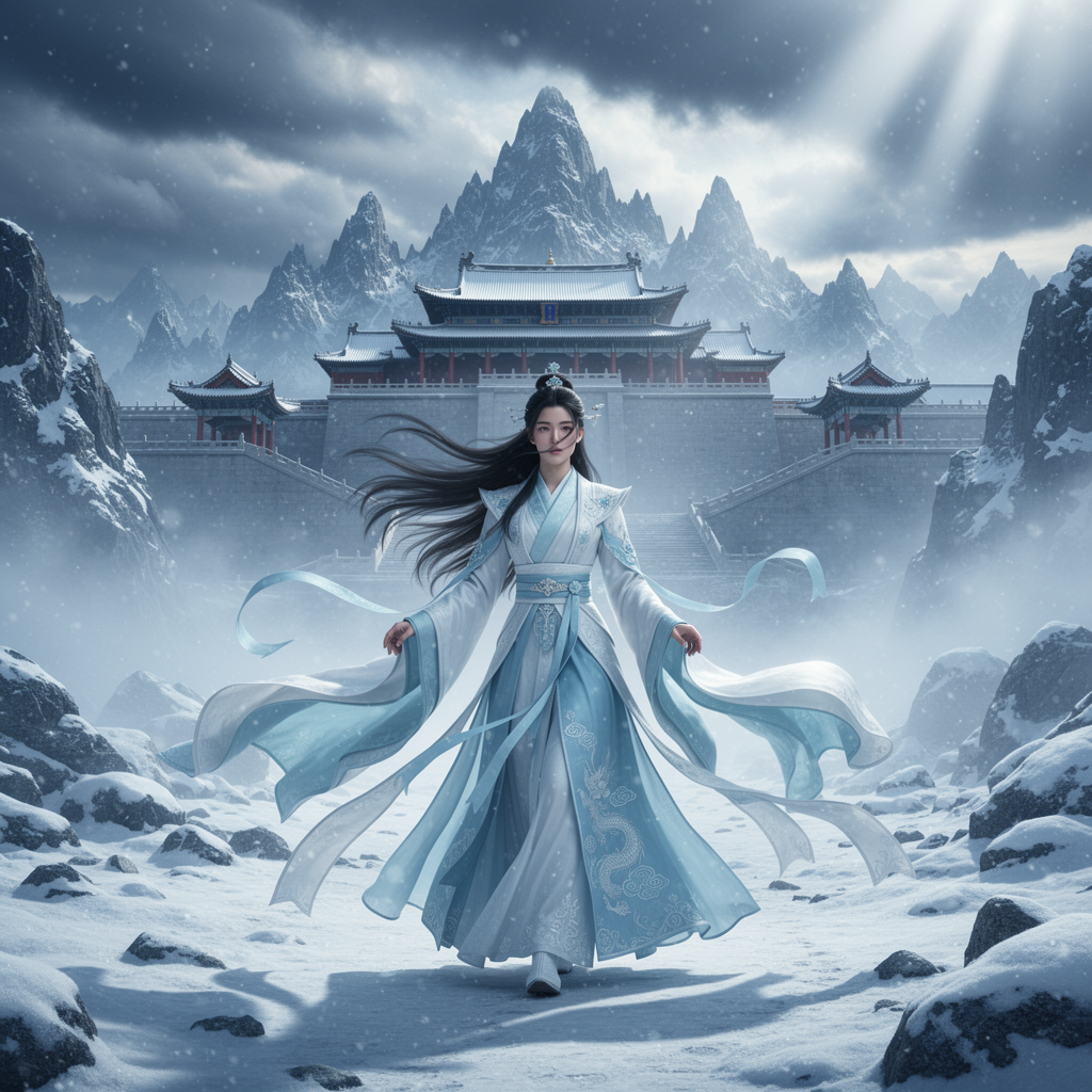 A cinematic fantasy scene inspired by ancient China: a graceful woman in an elegant, flowing Chinese fantasy robe stands alone in an icy valley. Frost and snow cover the ground, shimmering in cold blue light. In the distance, a majestic ancient Chinese castle rises through the mist, surrounded by towering snow-covered mountains. Winter wind moves her long hair and silk fabric, creating a sense of destiny and timeless power. The atmosphere is epic, mystical, and emotional, like a high-budget fantasy movie. Ultra-detailed, cinematic lighting, wide-angle shot, cold color palette, dramatic clouds, ethereal mood, 4K, film still, fantasy realism.