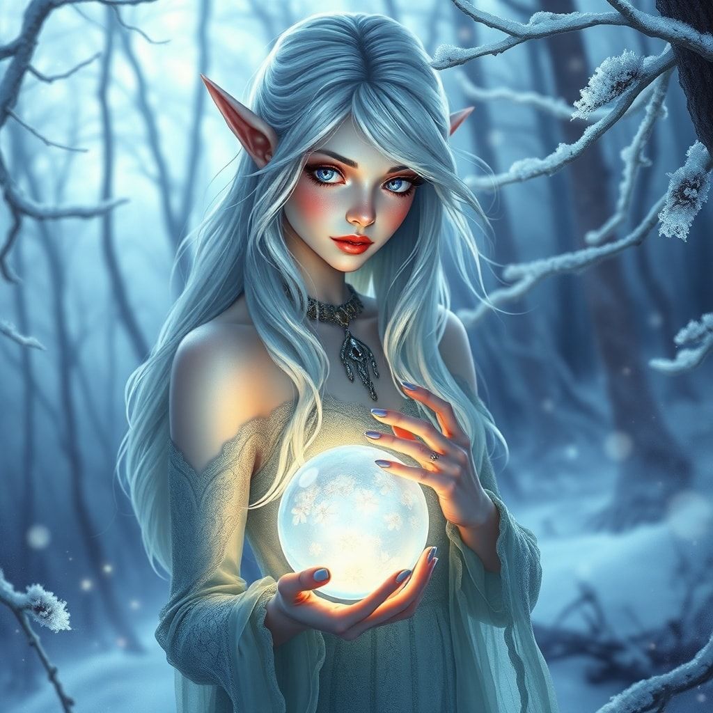 A delicate elven maiden with silver hair and luminous violet eyes stands poised in a frost-kissed enchanted forest, her breath visible in the crisp air as she gently cradles a glowing crystal orb. ...