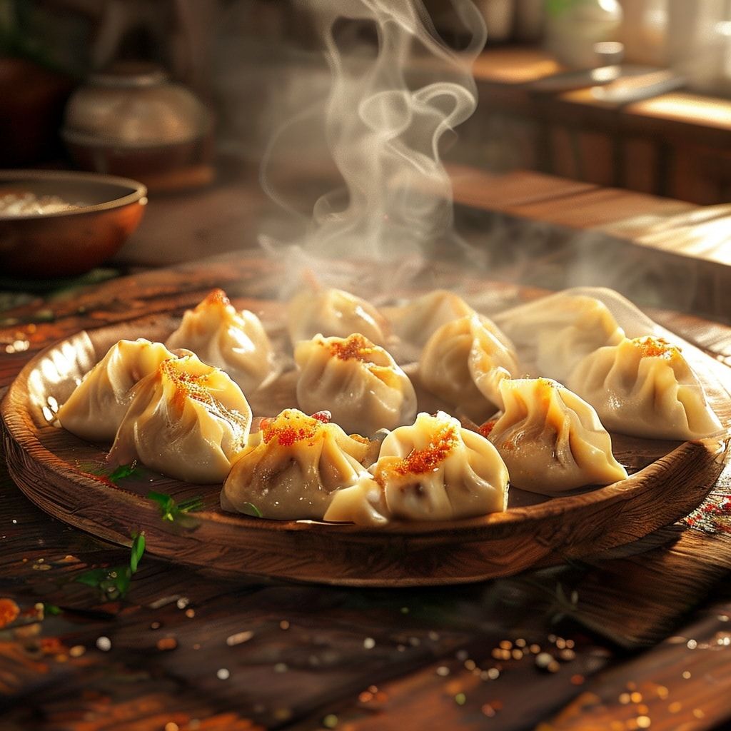 Delicious steaming dumplings on a rustic wooden table, golden brown with a savory sauce, cozy kitchen setting, warm natural lighting, realistic style, high detail, close-up shot.