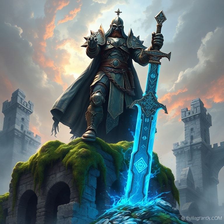 A towering fantasy warrior clad in ornate, weathered armor stands victorious atop a moss-covered stone ruin, his glowing rune-engraved greatsword embedded in the ground, emanating ethereal blue mis...
