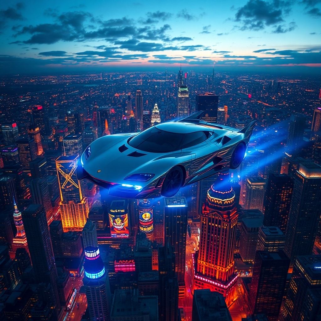 A sleek, silver flying car with glowing blue underlights hovers above a sprawling neon-lit metropolis at dusk, its wings casting dramatic shadows over towering skyscrapers. The city pulses with hol...