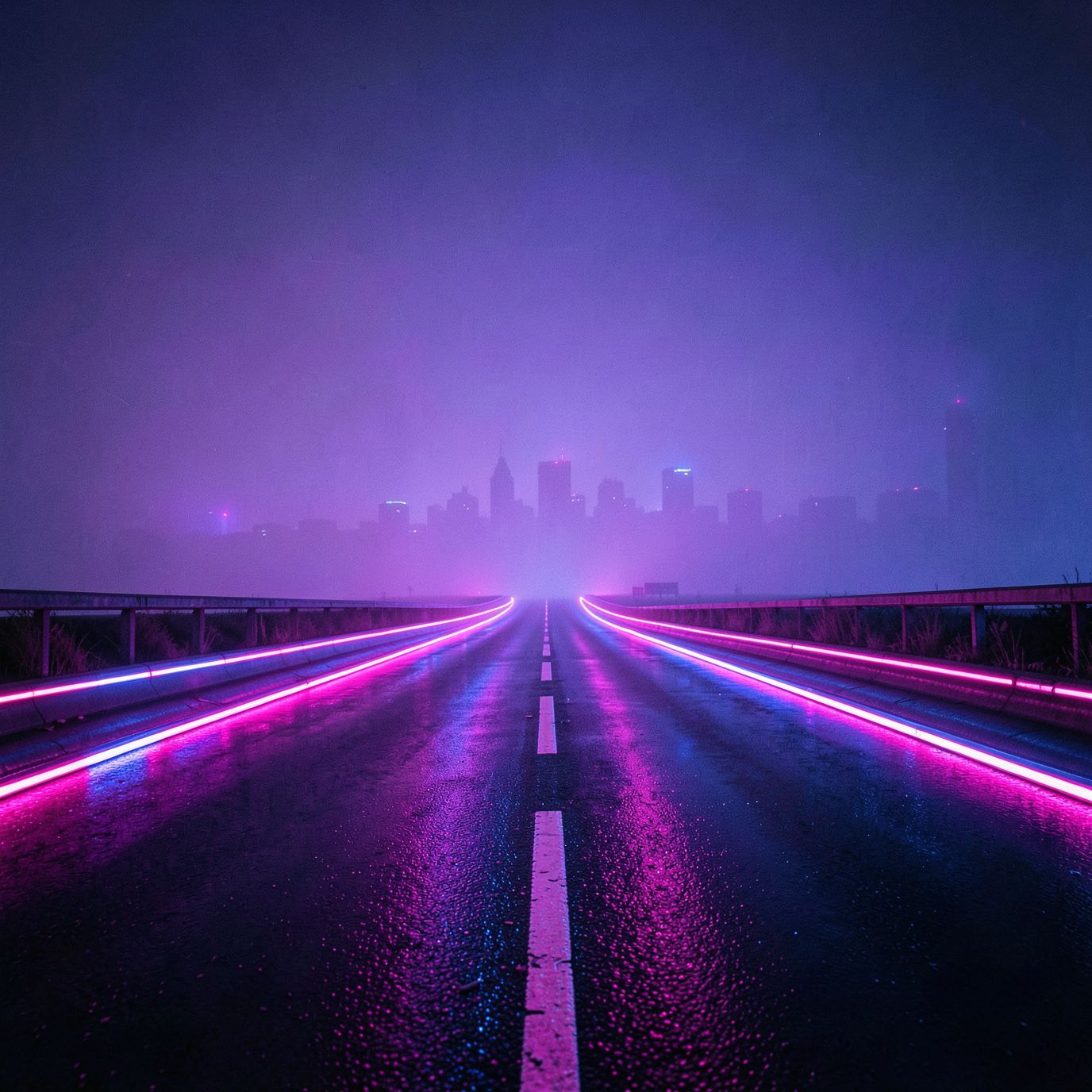 A cinematic synthwave scene at night: a long, empty futuristic road dominates the foreground, glowing with neon pink and electric blue light. Wet asphalt reflects the neon glow, creating strong symmetrical reflections and a sense of motion and depth. In the far distance, a futuristic city skyline is barely visible through thick violet-blue fog, reduced to soft silhouettes with no visible details. The focus is entirely on the road and atmosphere, not the buildings. The mood is lonely, epic, and retro-futuristic, inspired by synthwave aesthetics. 80s cyberpunk mood, neon haze, minimal city presence, wide-angle perspective, cinematic lighting, retro-futurism, ultra-detailed, high contrast, album cover, 4K, no text, no signs, no billboards, no letters, no symbols, no logos.