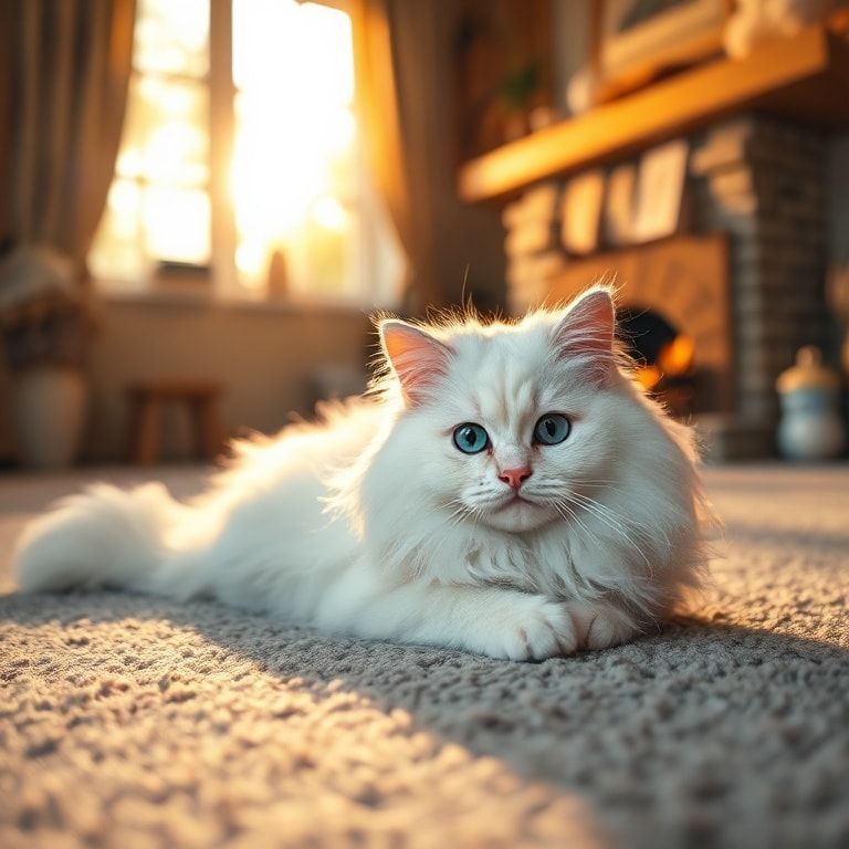 A cute, fluffy long-haired white cat with bright blue eyes, lying on a soft gray carpet in a cozy living room with a warm fireplace in the background. Bathed in warm golden hour sunlight streaming through a nearby window. Highly detailed photorealistic style, serene and cozy atmosphere, 1024x1024 pixels
