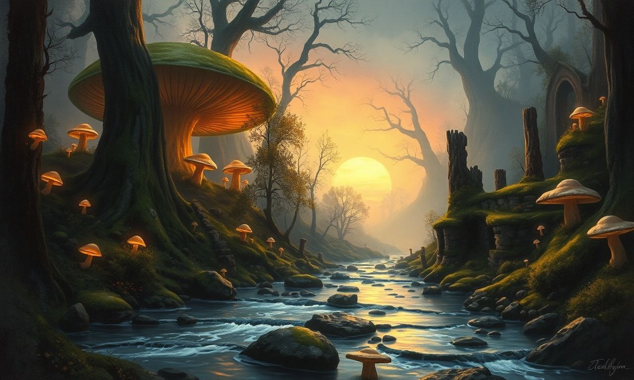 Ancient elven forest at twilight, giant glowing mushrooms, silver streams, moss-covered ruins, soft magical light, detailed fantasy art, painterly style