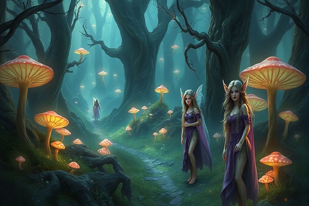 A magical fantasy scene featuring several elves in a lush, enchanted forest. The elves are depicted with ethereal beauty, flowing robes, and delicate features. The forest is filled with glowing mushrooms, ancient trees, and soft, magical lighting that creates a dreamy atmosphere. The style is a high-quality digital painting with rich, vibrant colors and a mystical, enchanted mood.