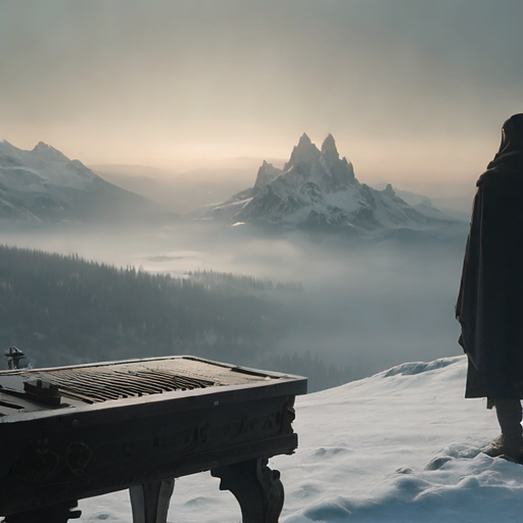 A cinematic winter fantasy scene: a vast snowy valley stretches into the distance, covered in soft white snow and icy mist. In the foreground, a lone warrior in a long cloak and hood stands with his back to the viewer, silently looking toward the horizon. A grand, mystical piano made of dark wood and frost rests beside him, symbolizing eternity and memory. Distant mountains fade into the cold blue light, clouds drifting slowly across the sky. The atmosphere is calm, emotional, and timeless — epic yet minimal, like a fantasy film still. Ultra-detailed, cinematic lighting, wide-angle composition, cold color palette, soft snowfall, ethereal mood, fantasy realism, 4K, album cover.