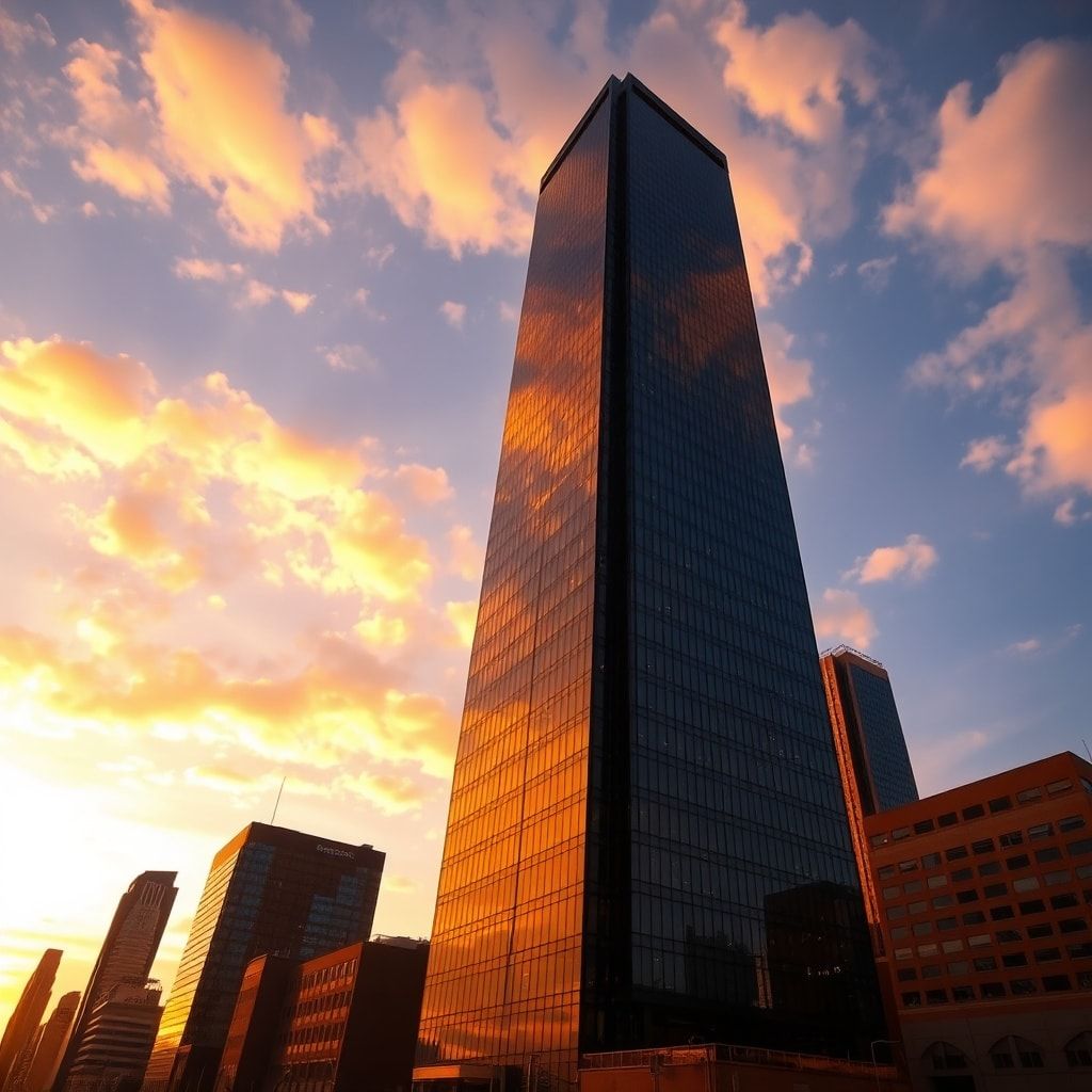 A towering skyscraper pierces the twilight sky at golden hour, its glass facade reflecting molten amber and deep violet hues, bathed in warm, diffused sunlight casting long shadows across the urban...