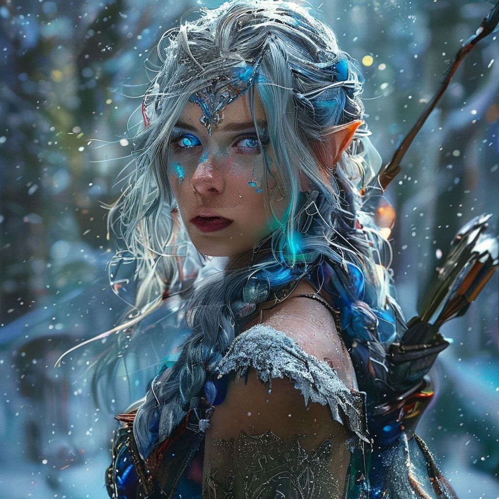 mystical young woman elf with silver hair and glowing blue eyes stands amidst an ancient, snow-laden forest, elven archer