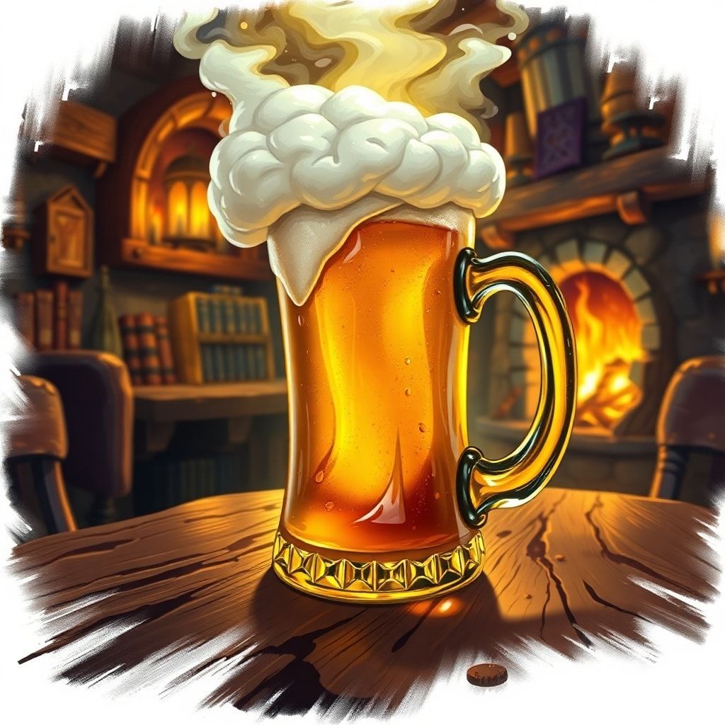 A frothy, overflowing tankard of golden ale rests on a weathered oak table, glowing under the warm amber light of a crackling hearth. The bustling tavern DND, dungeons of dragons