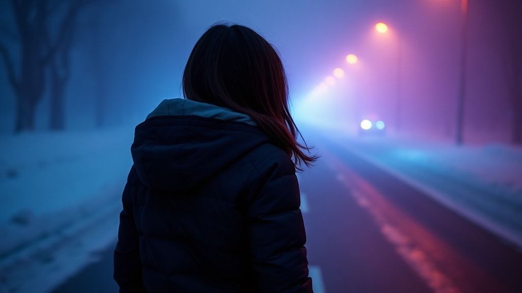A girl with her back turned stands in a jacket on a winter road, an atmosphere of melancholy, loneliness and blue fog everywhere, as in dark ambient