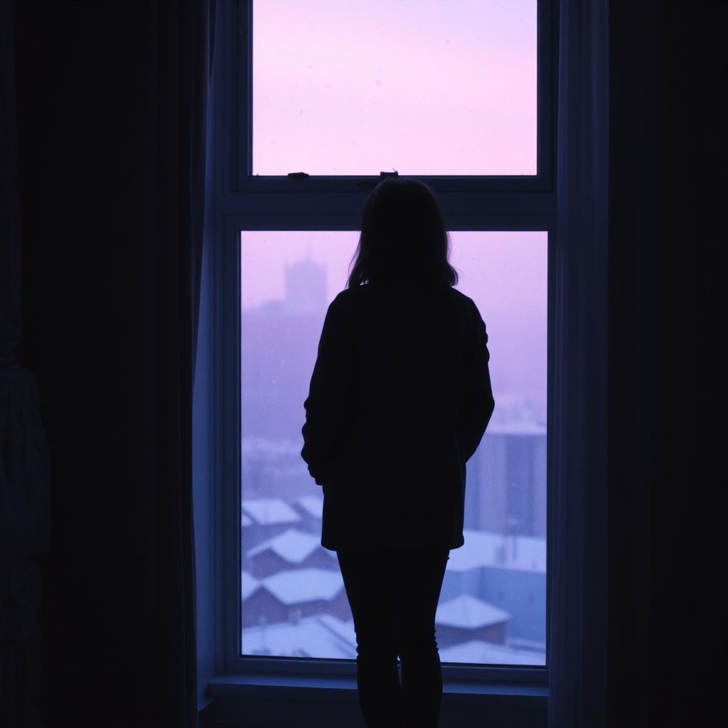 A girl stands inside a quiet room, facing away, looking out through a window. Outside, a foggy February winter unfolds — light snowfall drifts slowly through the air, and the sky glows with soft violet and muted purple tones. The city beyond the glass feels distant and blurred by mist. Cold winter light enters the room gently, casting subtle shadows. The atmosphere is calm, introspective, and emotional, capturing a moment of stillness and inner change. Cinematic composition, soft diffused lighting, shallow depth of field, cool color palette with violet accents, misty winter mood, realistic textures, gentle film grain, intimate and poetic atmosphere, like a scene from a quiet winter film.