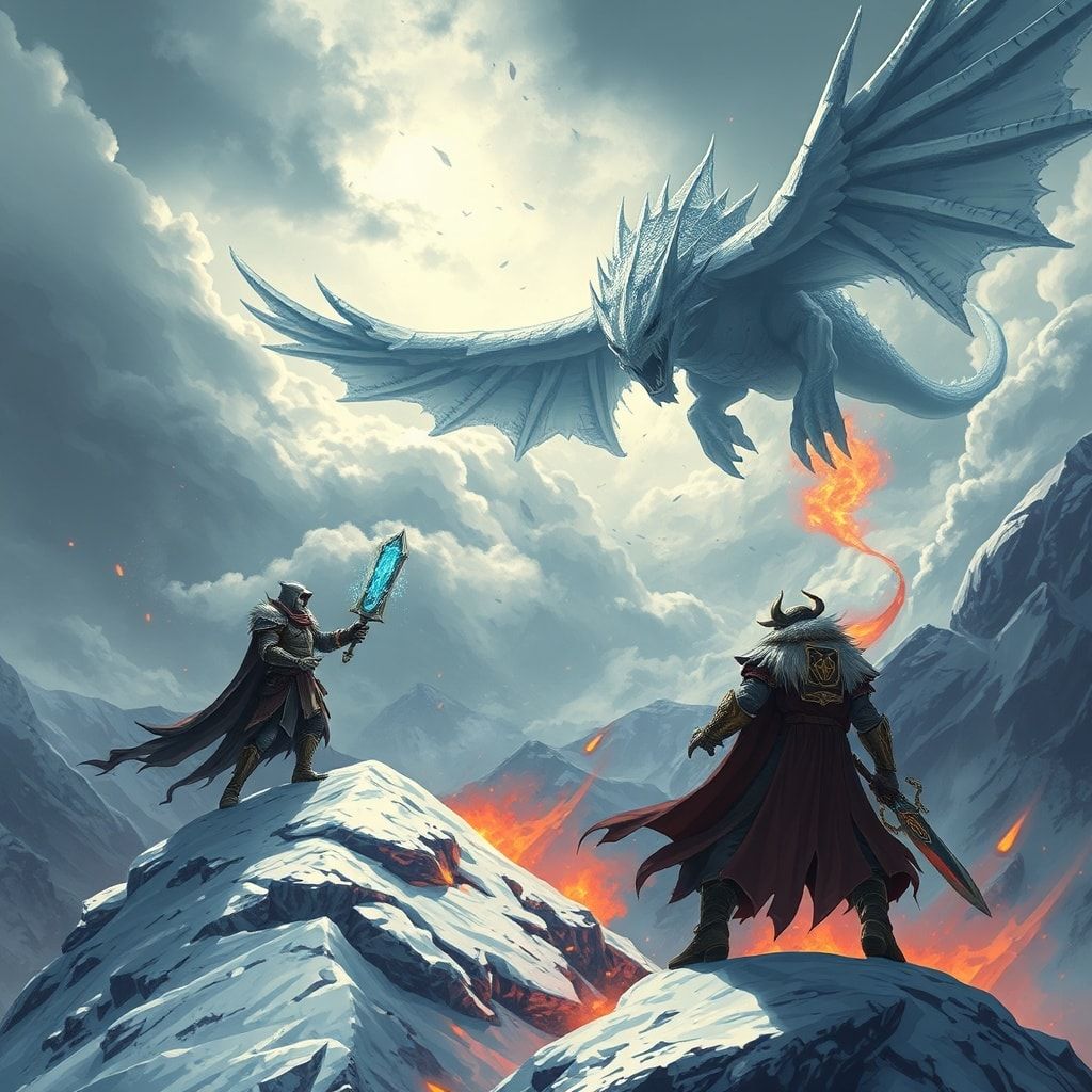 A towering, armored warrior stands atop a snow-capped peak, wielding a glowing rune-etched blade as a colossal, scaled beast descends from storm-wracked skies, its wings casting jagged shadows over...