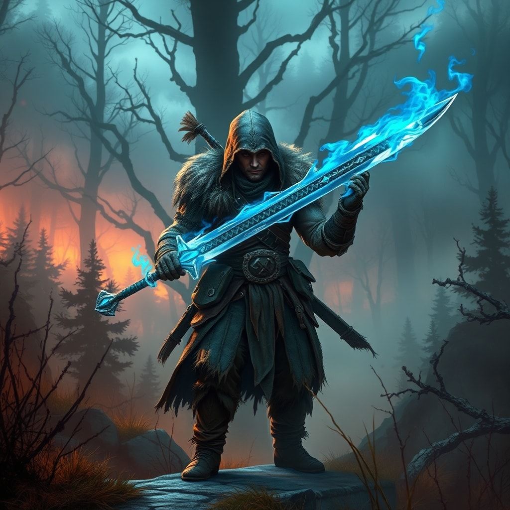 A battle-worn fantasy warrior, clad in tattered fur and enchanted steel, stands amidst a mist-shrouded forest at dusk, his sword glowing with ethereal blue flames as he faces an unseen foe, surroun...
