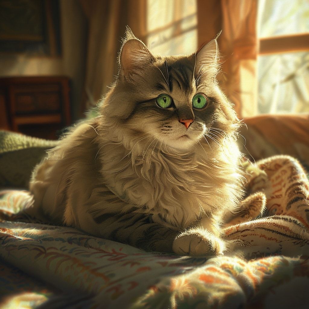 A cute fluffy cat with bright green eyes, sitting on a soft, patterned blanket in a cozy living room with warm sunlight streaming through the window, photorealistic style, high quality