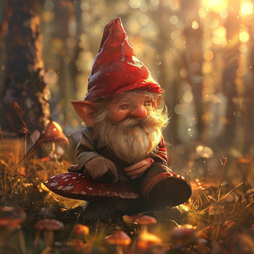 A cute gnome with a red hat and a beard, sitting on a mushroom in a forest, photorealistic style, high quality, warm sunlight, cozy atmosphere