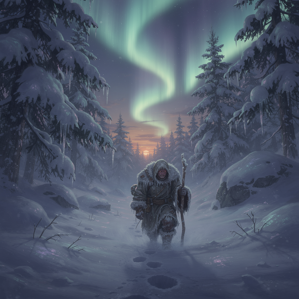 A lone frostbitten traveler in tattered furs trudges through a snow-laden forest at dusk, their breath visible in the crisp air, as ethereal auroras dance above towering ice-covered pines, casting ...