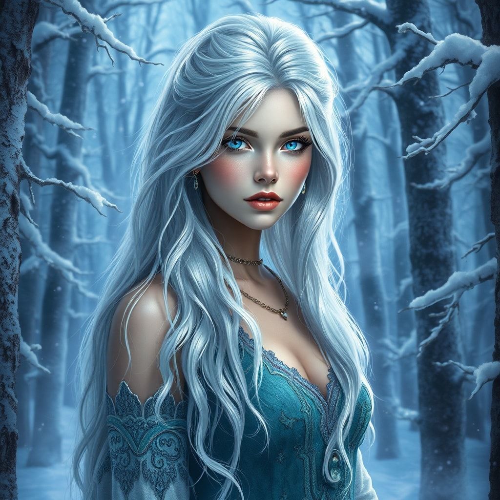 mystical young woman with silver hair and glowing blue eyes stands amidst an ancient, snow-laden forest