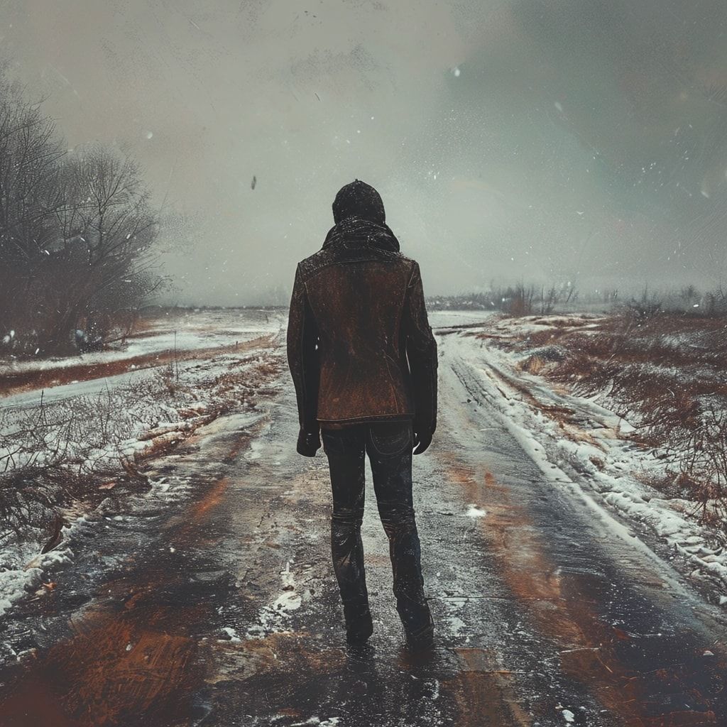 A solitary figure in a worn leather jacket stands motionless on a desolate winter road, her back turned to the viewer, shoulders slightly hunched against the biting cold. The path stretches endless...