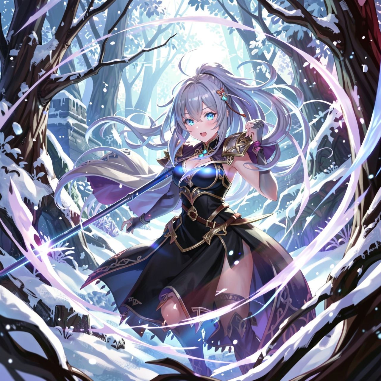 mystical young woman with silver hair and glowing blue eyes stands amidst an ancient, snow-laden forest