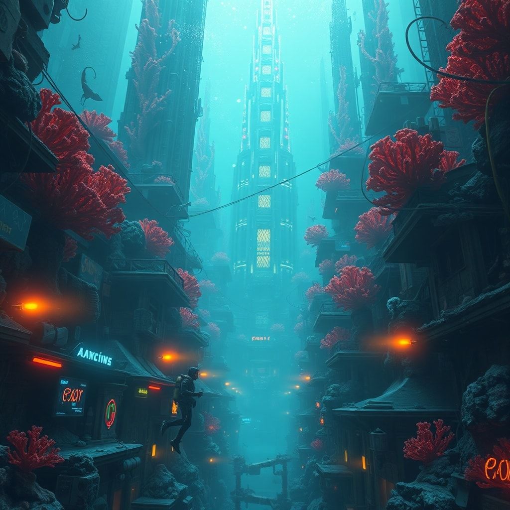 A lone deep-sea explorer in a high-tech diving suit navigates through the labyrinthine streets of an abandoned underwater metropolis, where towering coral skyscrapers pulse with an eerie biolumines...